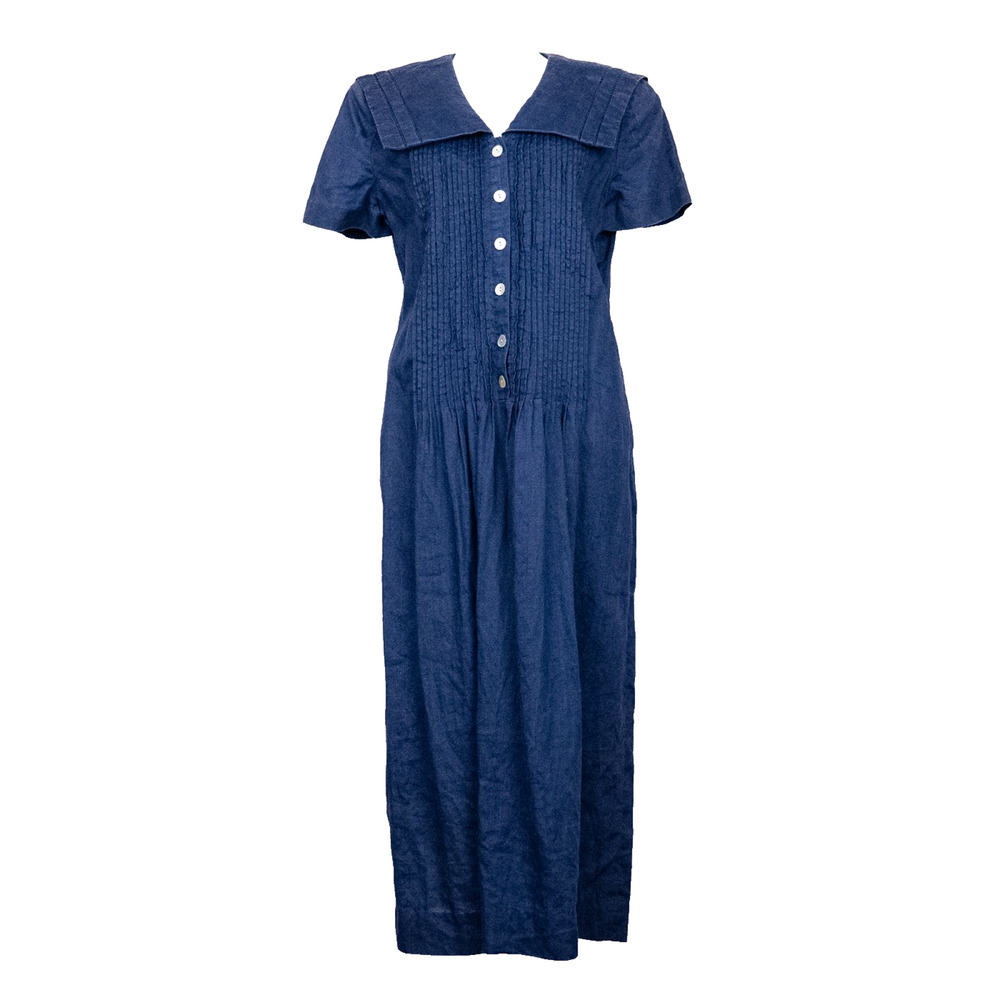 Vintage Cynthia Howie Women's Linen Sailor Dress Size 4 Nautical Blue Pintuck